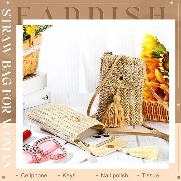2 Pcs Straw Beach Bag for Women Summer Woven Straw Purse Cute Shoulder Crossbody Bags